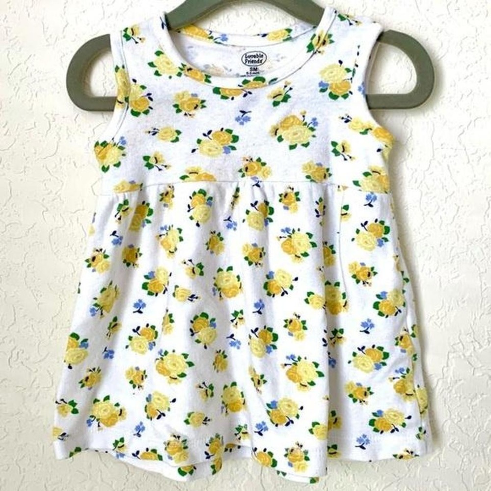 Luvable Friends Dress Baby Girl 0-3‎ Months White Yellow Floral Cotton Boho Cute